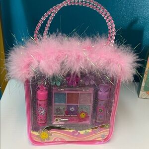 Pink Fluffy Makeup Set with Glitter Bag